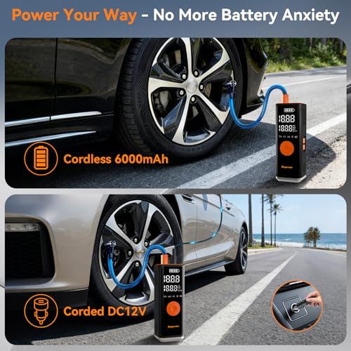 Corded/Cordless Tyre Inflator Portable Air Compressor 12V DC, 150PSI 6000mAh Long-Lasting Battery Electric Air Pump with Digital Display & Dual LED Light for Car, Motorcycle, Bike, Ball & DIY — view 2
