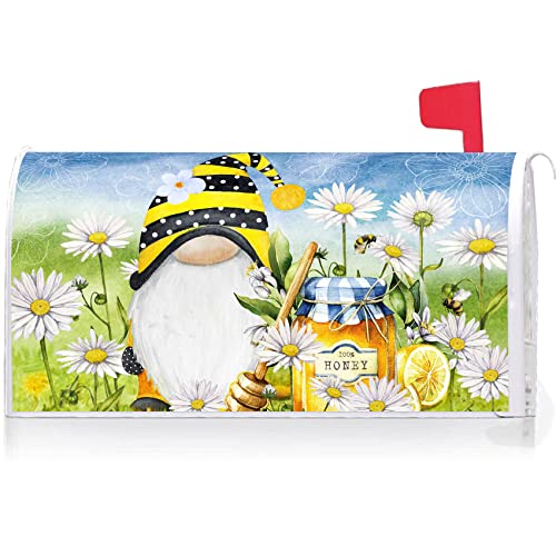 Image of Texupday Spring Bee Gnome Honey Daisy Floral Decoration Mailbox Cover with Magnetic Strip Summer Mailbox Wraps Post Letter Box Cover Standard Size 21 inch X 18 inch for Garden Outdoor Yard Decor