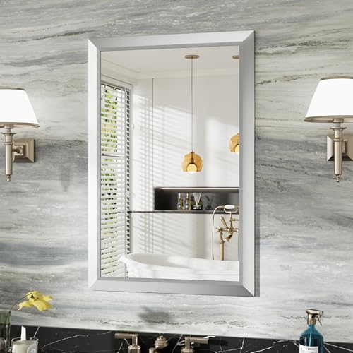 24x36 Inch Silver Bathroom Mirror for Wall, Thick Metal Framed Rectangle Mirrors for Over Sink, Bedroom, Living Room, Entryway, Anti-Rust, HD Tempered Glass