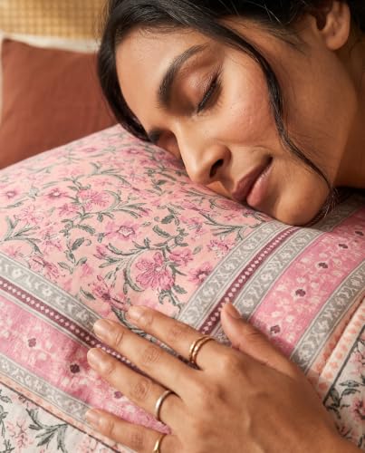 Image of Naksh Queen Size Bed Sheet Pink Floral Print 2 Pillow Covers | Pink Botanical Floral Print | Heritage Design for Queen Size Bedrooms