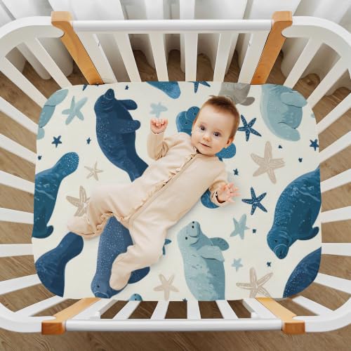 Image of Sea Manatee Star Crib Sheets Soft Breathable Fitted Baby Crib Sheets Mattress Cover for Girls Boys, 52 inch x 28 inch x 9 inch