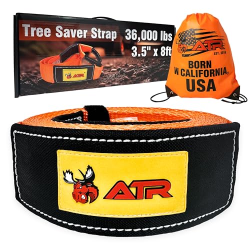 ATR Tree Saver Strap 3.5" x 8ft – 36,000 lbs Break Strength, Heavy Duty Tow Strap for Winch, Off-Road Recovery, Truck, Jeep, Short Polyester Recovery Rope with Loops