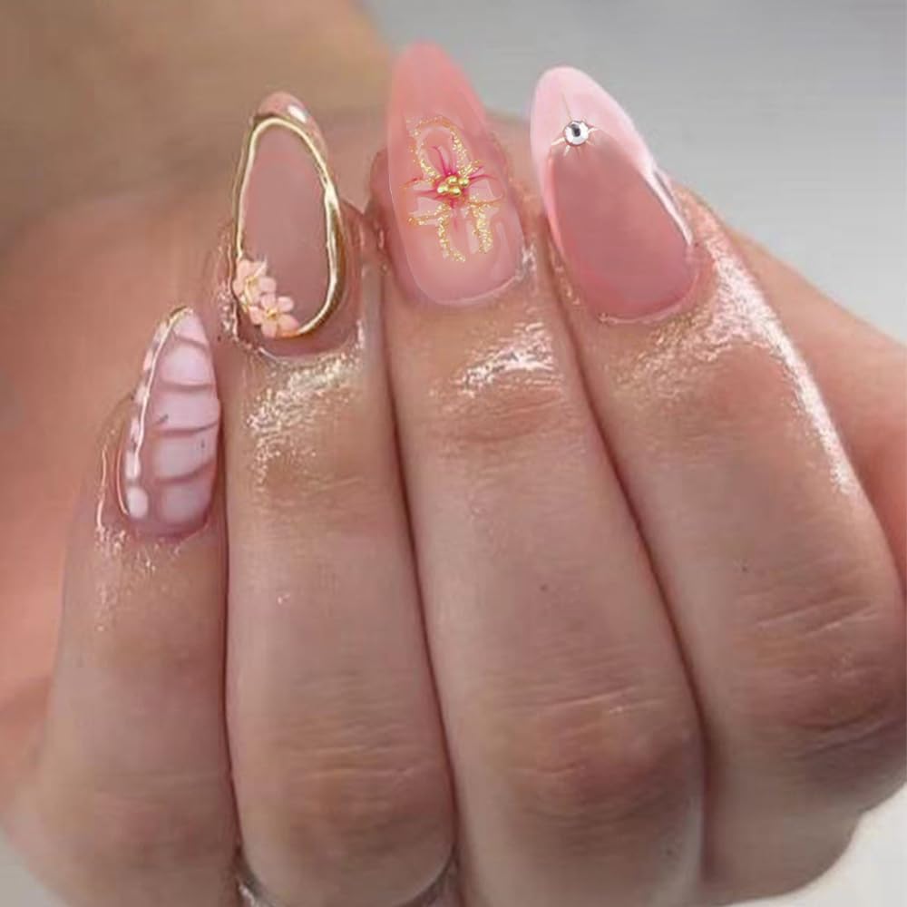 Secret Lives Glossy Reusable Artificial Pink Color with Flower Snake Art & 3D Pearls Design Press on nails 24 Pieces Set with Kit