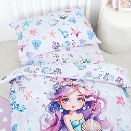 Image of Toddler Bedding Set for Girls, 4 Piece Toddler Bedding Sets Purple Toddler Bed Comforter Set Includes Soft Reversible Comforter, Fitted Sheet, Flat Sheet, Envelope Pillowcase, Ocean Mermaid