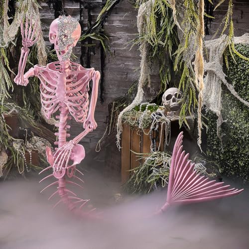 6 ft. Pink Life-Size Jeweled Mermaid Plastic Skeleton Halloween Decoration