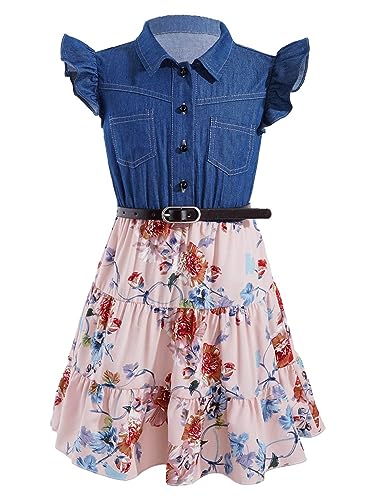 Shinsto Girls Jean Dress Summer Floral Print Denim Tutu Skirts with Belt Flying Sleeve Princess Dresses