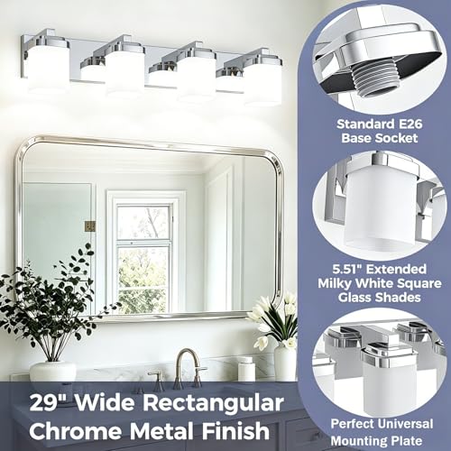 Image of 29 Inches Bathroom Vanity Light, 4-Light Chrome Bathroom Light Fixtures Over Mirror, Bathroom Light Shower Lamp with Milky White Square Glass Shade, Modern Farmhouse Lighting Fixtures