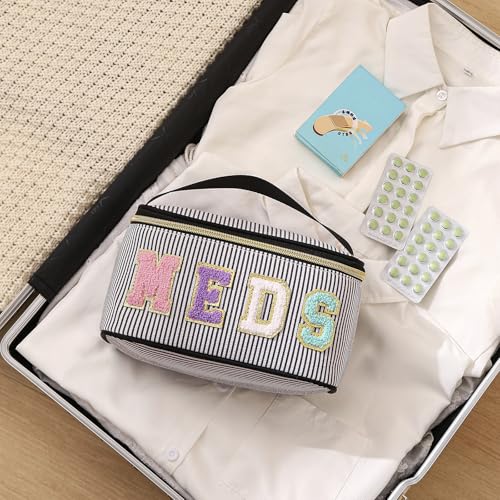 uekeboag Personalized Chenille Letter Seersucker MEDS Makeup Bag,Large Size Medicine RX Cosmetic Bag with Top Handle, First Aid Travel Organizer Bag for Women Girls(04Black)4