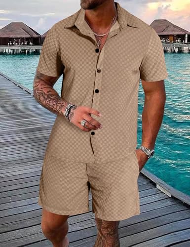 UOUA Mens Velour Tracksuit 2 Piece Outfits Short Sleeve Button Down Shirt and Short Sets Casual Sweatsuits2