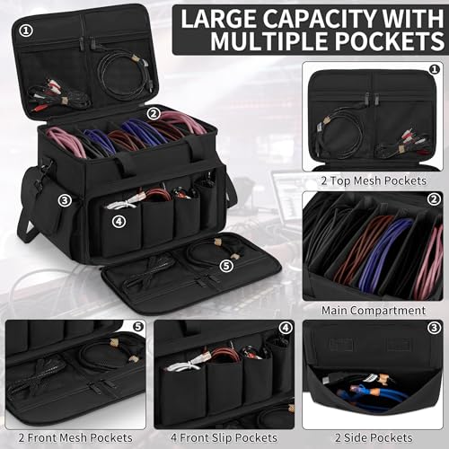 Image of IBVIVIC DJ Cable File Bag with 6 Detachable Dividers High Capacity Gig Cable Bag for Cords,DJ Gear,Sound Instrument and Accessories, Black