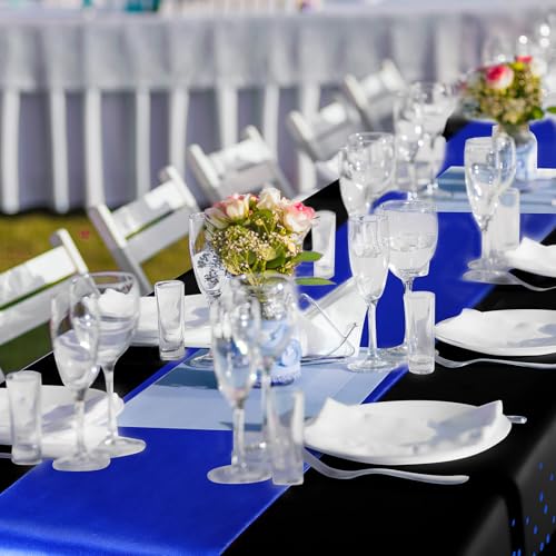 Image of Breling 16 Pack Black and Blue Disposable Plastic Tablecloths and Satin Table Runner Set, 54 x 108 Inch Tablecloth, 12 x 108 Inch Table Runners for Wedding Graduation Birthday Baby Shower New Year