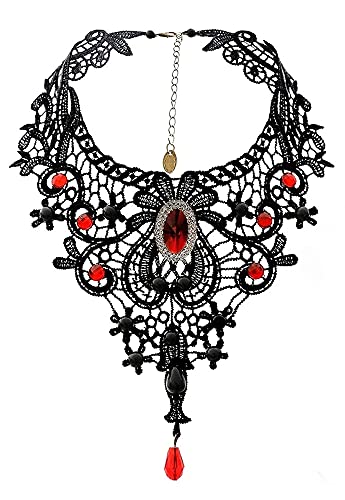 Collier Noire en Broderie Dentelle avec Pierres Rouges Gothique Romantique Cover