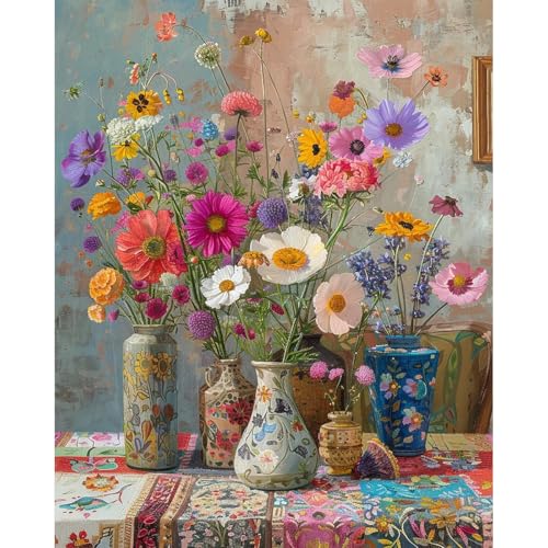 Image of HASTHIP DIY Paint by Numbers Kit for Adults & Kids, Retro Aesthetic Wildflower Bouquet Painting on Canvas, DIY Wall Art Acrylic Number Painting Kit with Brushes & Numbered Pigments, 40x50cm