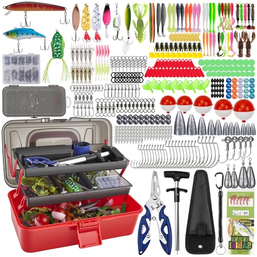 Lot de 460 accessoires de pêche avec boîte à appâts, kit d'appâts de pêche et kit d'outils avec clips à lèvres, extracteur d'hameçon, cuillère,...