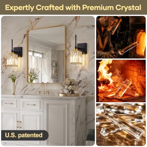 Image of [Hardwired] Bathroom Wall Sconces Set of Two Bathroom Light Fixtures | Hardwired, Premium Crystal, Black and Gold Superior Durable Metal, Wall Lights for Living Room Bathroom Hallway Bedroom