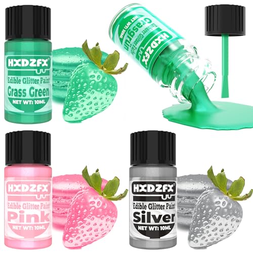 Edible Glitter Paint - 3 Colours Food Colouring Metallic Paint, Metallic Edible Cake Paint for Cake Decorating, Baking, Cookie, Sweets, Drinks, Chocolates (10ml per Bottle)