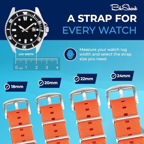 Image of BluShark - Original Collection Military-Style Waterproof Watch Strap, Fits All Timepiece Brands, Durable Nylon Wristwatch Accessories with Stainless Steel Buckle - 18mm, 20mm, 22mm & 24mm Watch Bands