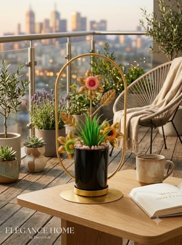 Image of Golden Metal Floral Stand With Artificial Green Plant And Black Ceramic Pot