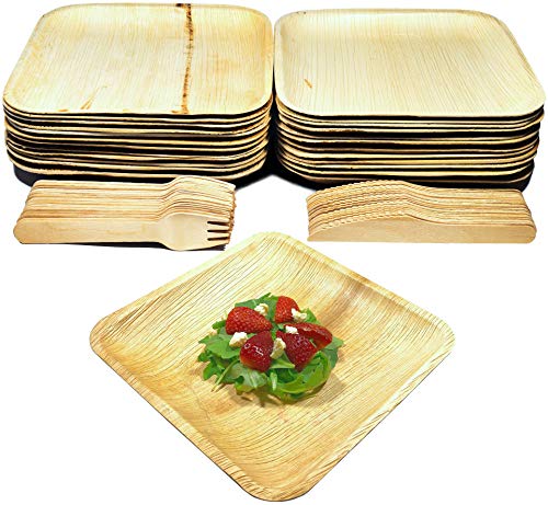 75 Piece Party Set Palm Leaf Disposable Plates Wooden Cutlery by Green Balk 25 8” Square Plates 25 Forks 25 Knives 100 Compostable Biodegradable Premium Bamboo Palm Plate Utensil Set