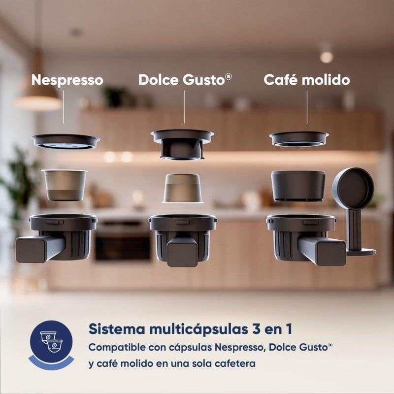 Barista Multi 3in1 Cafetera Multicápsulas 20 Bares 1400W Negra | Compatible con cápsulas Nespresso, Dolce Gusto y café molido