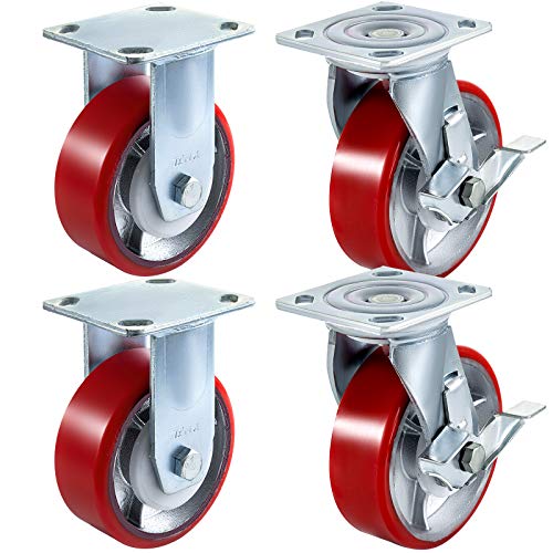 Image of VEVOR Caster Wheels Set of 4, 6 inch Heavy Duty Casters (2 Rigid and 2 Swivel Casters with Side Brake) Polyurethane Iron Core Plate 4000LBS Capacity