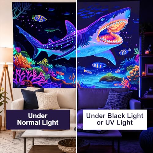 Image of BlissYard Blacklight Shark Tapestry Glow In The Dark UV Reactive Wall Hanging With Neon Underwater Ocean Scene Psychedelic Black Light Tapestries For Bedroom Party Decor 78x59 Inch