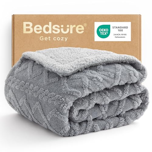 Bedsure Gentlesoft Sherpa Fleece Throw Blanket for Couch - Fluffy & Cozy Cable Jacquard Tufted...