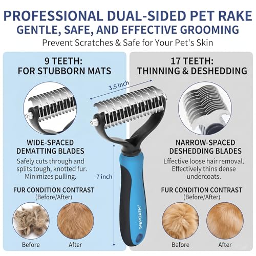 Image of 5-in-1 Dog Grooming Kit with Self Cleaning Brush & Rake, Blue | Best Push-Button Self-Cleaning Puppy Grooming Set with Undercoat Deshedding Rake & Steel Combs for All Long Short pet hair