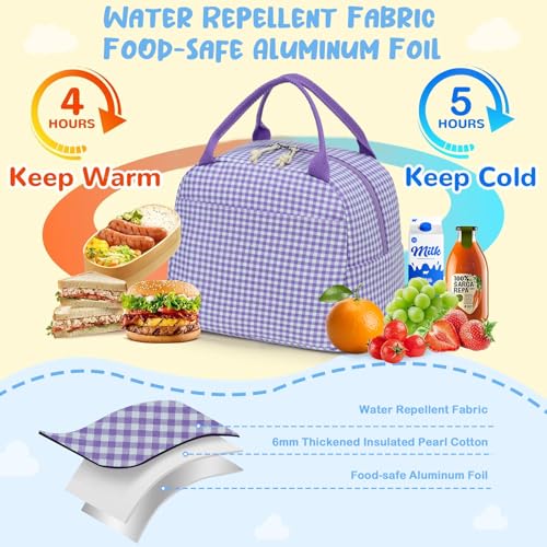 Image of CAMTOP Lunch Box Kids Insulated Lunch Bag Large Reusable Leakproof Cooler Lunch Bags for Boys Girls School Travel Picnic (Purple and White Checkered)