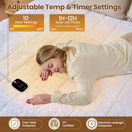 Image of Bearhug Electric Heated Mattress Pads Full Size 54x75 inch Sherpa Bed Warmer with 16 inch Deep Pocket 10 Heat Settings 12-Hour Timer Machine Washable White