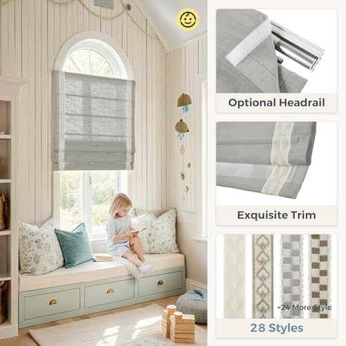 Image of TWOPAGES Liz No Drill Cordless Roman Shades Linen Textured Roman Blinds for Windows, Custom Made Room Darkening Blackout Roman Window Shades, Hardware Included, Fog, 1 Piece