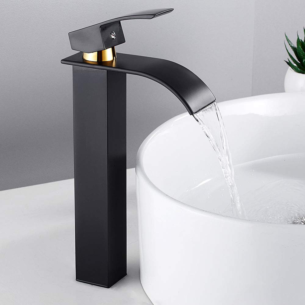 MXXQRHF Black Gold Waterfall Basin Mixer Tap Single Handle Brass Chrome Bath Sink Taps for Kitchen Bathroom Home