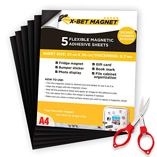 A4 Autoadhesivo Magnético Hojas - Imanes Adhesivos - Imán de Nevera - Papel Magnético e Imán Autoadhesivo para Fotos - Hojas Magnéticas - Láminas de imán flexibles - Magneticas para Bricolaje - 5 UDS