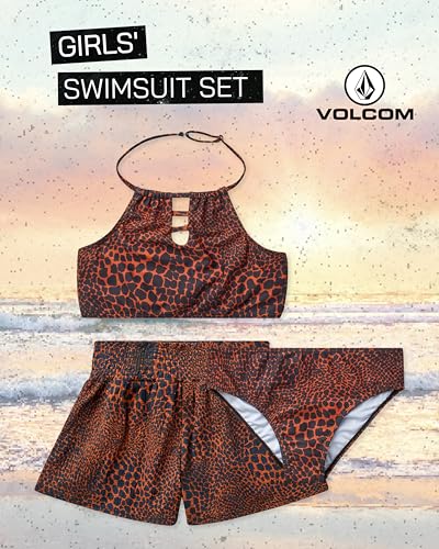 Image of Volcom Girls' Swimsuit Set - 3 Piece UPF50+ High Neck Bikini Top, Bikini Bottom and Matching Swim Shorts for Girls (2T-16)