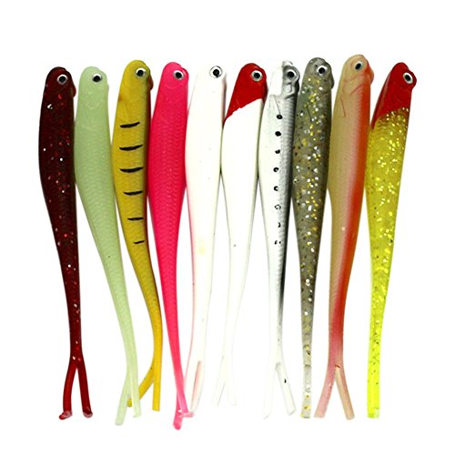 geshiglobal 10 señuelos de plástico blando de 13 cm con ojos en 3D, cebos de pesca multicolor, herramientas de señuelos, multicolor