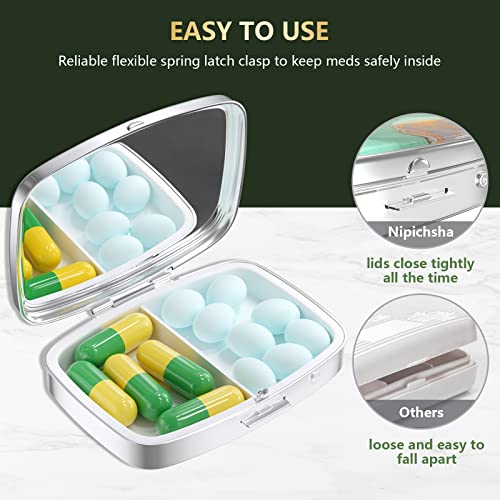Image of Nipichsha Pill Box, Small Pill Case for Purse & Pocket, Cute Travel Medicine Organizer, Portable Medicine Container Holder to Hold Vitamins, Medication, Fish Oil & Supplement, Light Green Marble