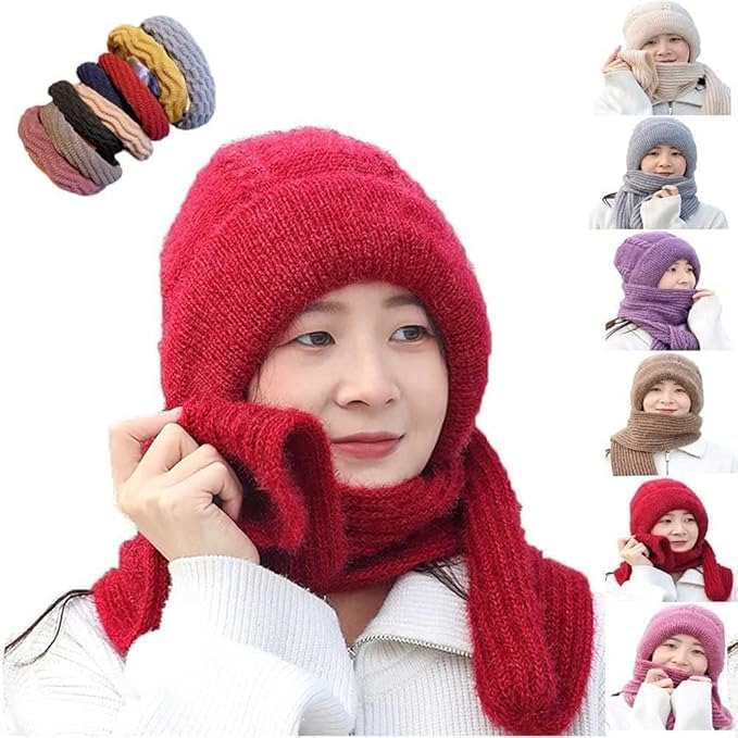 gocrockery Stylish Windproof Scarf With Cap Integrated Ear Guard Hat Plus Velvet, Winter Warm Soft Knitted Beanie Hats Scarf- Woolen Lovely Muffler Fur Cap with Stylish Muffler Woolen Caps-picture-47