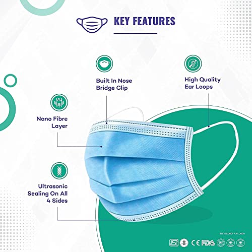 Image of Careview CARE VIEW N95 N95 SITRA Approved, 3 Ply Disposable Surgical Mask (Blue, Pack of 200) With Built in Metal Nose Pin and 1 Melt Blown Layer