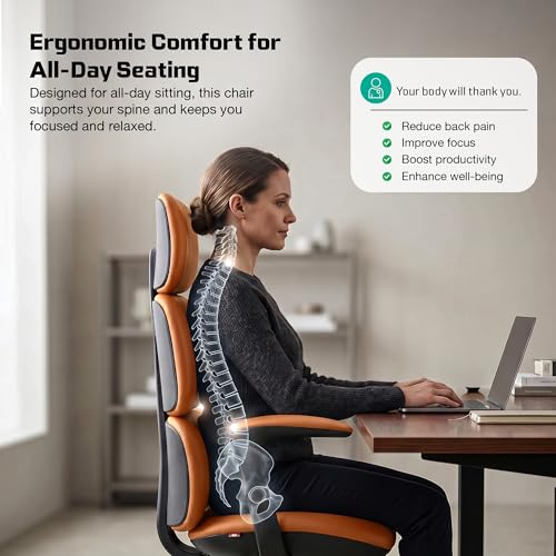 Image of DROGO Cloud Ergonomic Office Chair for Work from Home | Premium Vegan Leather with 3-Section High Backrest Cushion | Computer Chair with 4 Recline Tilt-Lock Positions & Heavy Duty Metal Base (Orange)