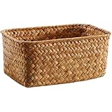 TOKIDNY Cesta Tejida de Hierba Marina para Escritorio Organizador Compacto y Decorativo para Almacenamiento de Objetos Pequeños Hogar Oficina y Escuela Color Naranja Grande