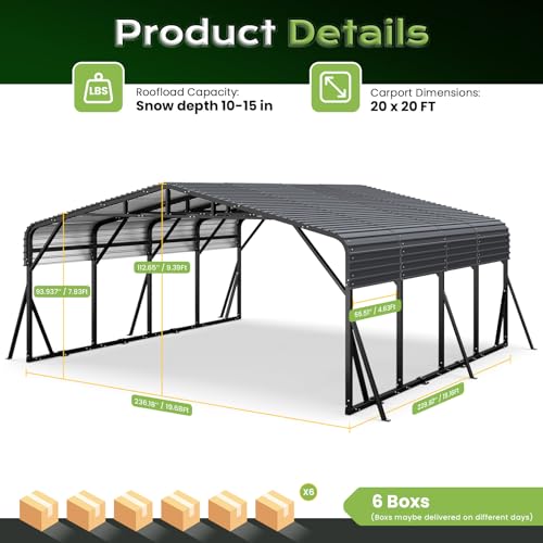 Image of Jocoevol 20x20FT Heavy Duty Metal Carport, Outdoor Car Garage with Support Rods & Windproof Ground Anchors, All-Season Versatile Canopy Tent for 2 Car, Boats, Truck