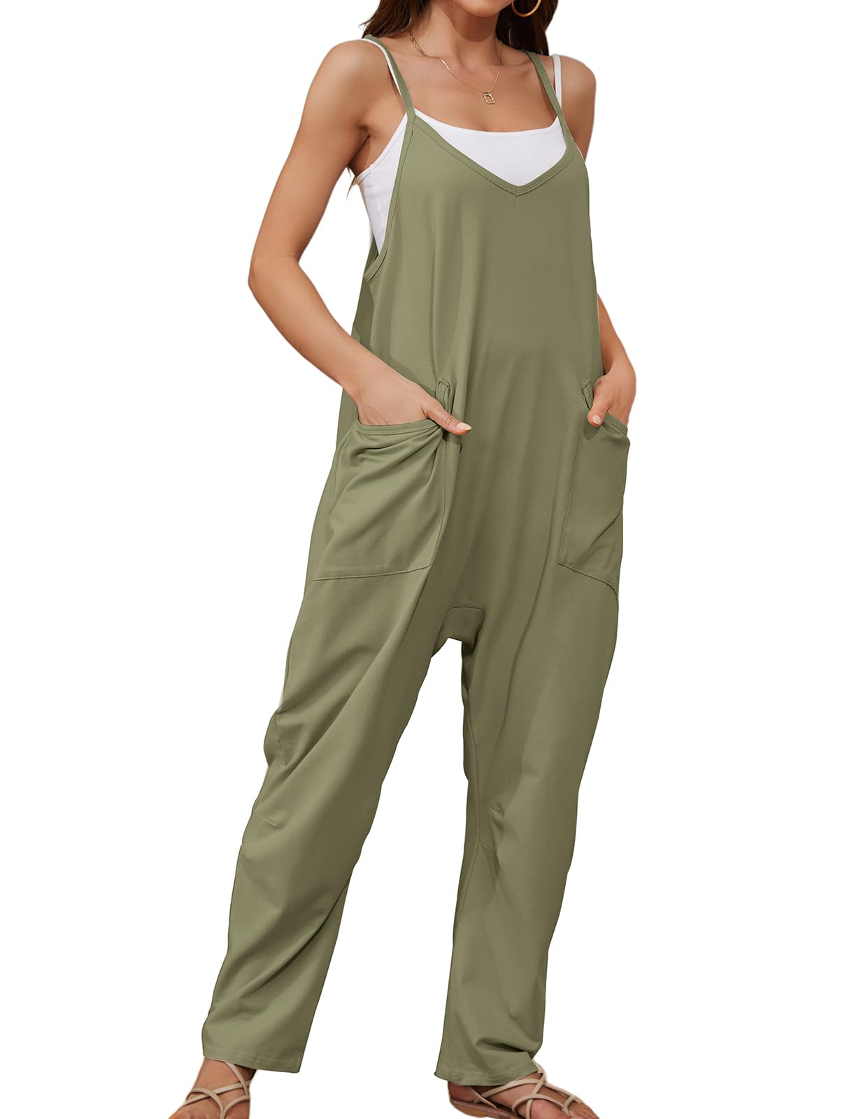 Voqeen Mujer Mono de Verano Peto Largo Suelto con Bolsillo Pierna Ancha Jumpsuit Casual Frescos Pantalones Color Sólido Overol con Tirantes Ajustable