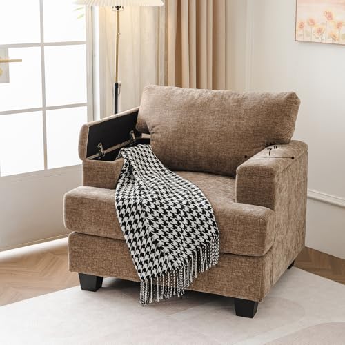 liuyefisher Oversized Accent Chair with Armrest Organizer,Living Room Chairs with 7.8'' Cushion,Upholstered Modern Armchair,Big Reading Chair,Comfy Sofa Chair for Bedroom,Brown