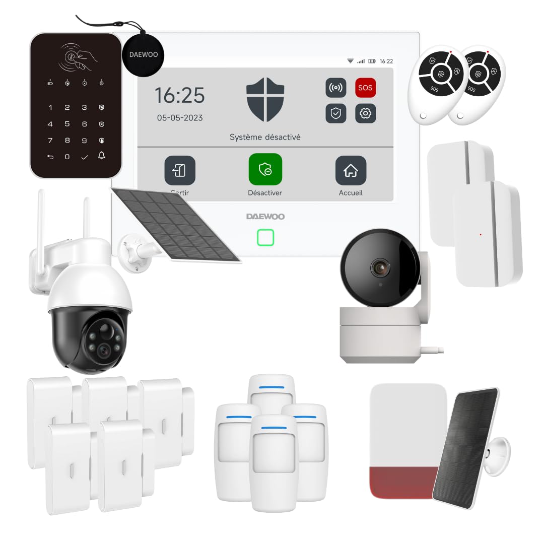 Daewoo Alarmanlage, WiFi/GSM Touch, 7 Zoll (17,8 cm), AM503L, kabelloses und ohne Abonnement, Tierfreundlich, Detektoren inklusive + Überwachungskamera, Full HD, Mobile App inklusive