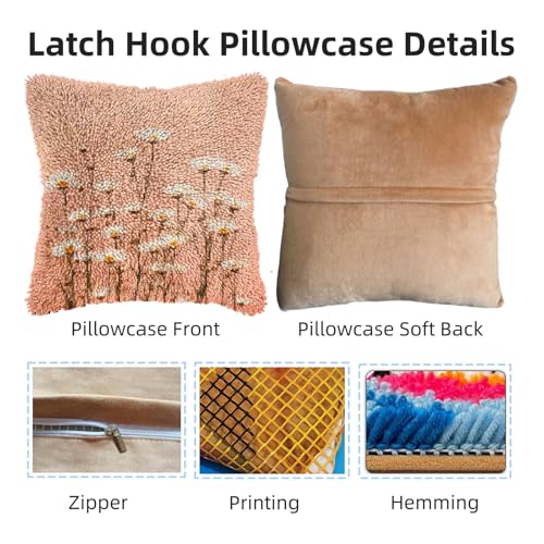 Image of DIY Latch Hook Pillow Kits for Adults Little Wild Daisy Flowers Printed Pillowcase Crochet Yarns Hooking Handmade Pillow Cover Cushion for Home Sofa Decoration 17x17inch-3