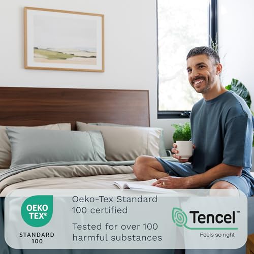 Image of Olive + Crate Tencel Lyocell Eucalyptus Queen Size Sheet Set - Cooling Tencel Sheets for Hot Sleepers with 18 Inch Deep Pocket Fit - Taupe Sand 4-Piece Set
