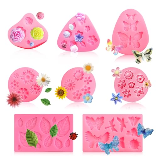 DBALL 8 Piezas Moldes de Flores para Fondant Moldes Silicona Manualidades 3D Rosa Girasol Loto Hoja Rama Moldes Fondant para Decorar Tartas Bricolaje Chocolate Vela