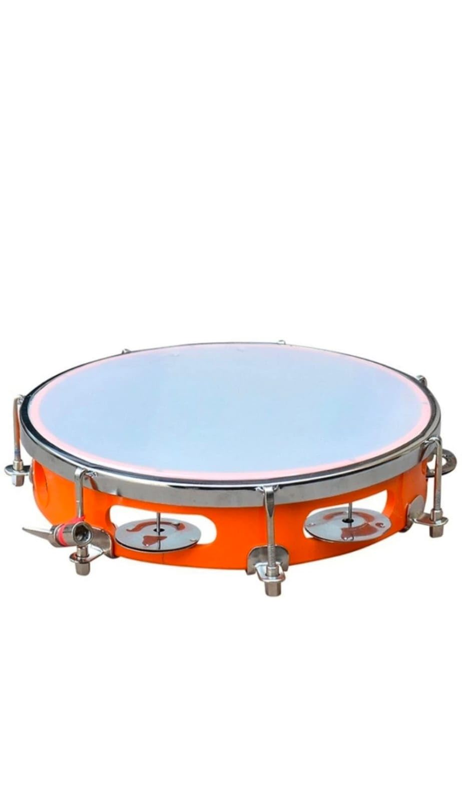 MUSIC WORLD Tambourine Hand Percussion Musical Instrument Fibre Daffli Plastic Frame, Round Shape, 16 Jingles, With Tuning Key (Orange), 25 cm