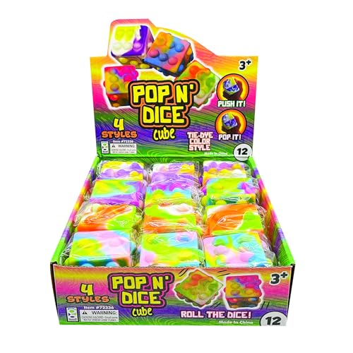 Raymond Geddes Pop ‘n’ Dice Fidget Cube Toys (12 per Bag) - 6 Sided Pop it Fidget Toys Pack - Fidget Squishy Toys in 4 Tie Dye Colors