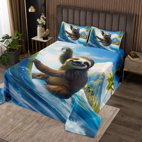 Erosebridal Surfer Sloth Queen Quilt,Surf Surfboard Surfing Bedding Set,Funny Sloth Quilts Bed Set for Kids Girls Boys,Coastal Beach Ocean Waves Coverlet 3Pcs Bedroom Decor with 2 Pillowshams